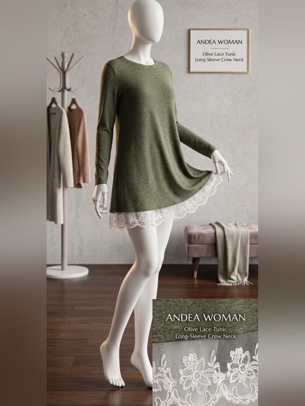 ANDEA WOMAN Olive Lace Tunic — Olive Green Long Sleeve